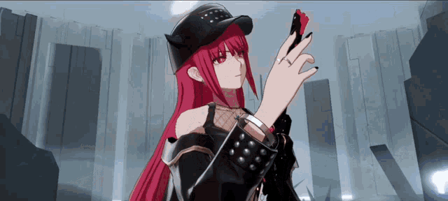 a girl with red hair is wearing a hat and holding a red object