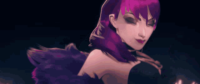 a woman with purple hair is holding a knife in her hand