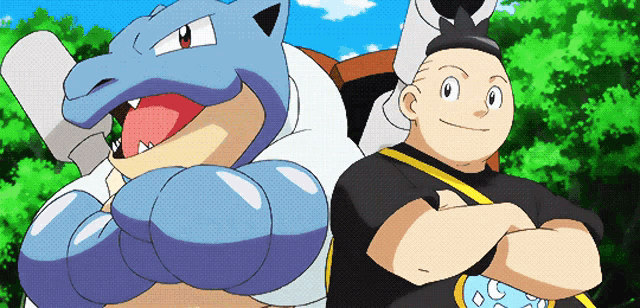 a cartoon of a man standing next to a blue and white monster