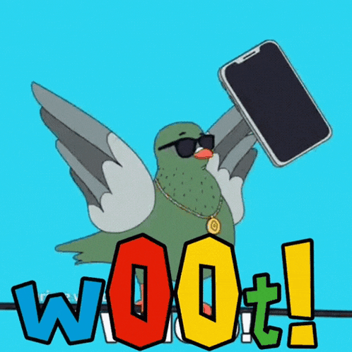a pigeon wearing sunglasses is holding a cell phone in its beak with the word woot below it