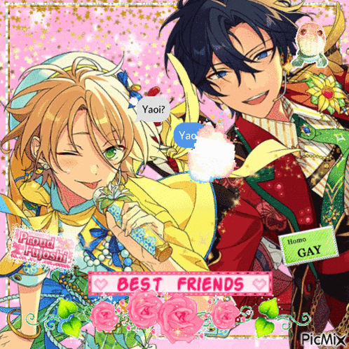 two anime characters are posing for a picture with a pink background and a sign that says best friends