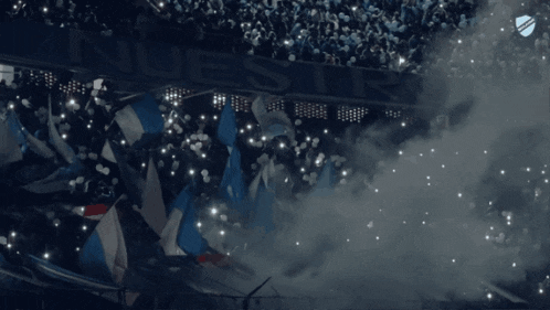 a crowd of people in a stadium with a banner that says ' nuestra ' on it
