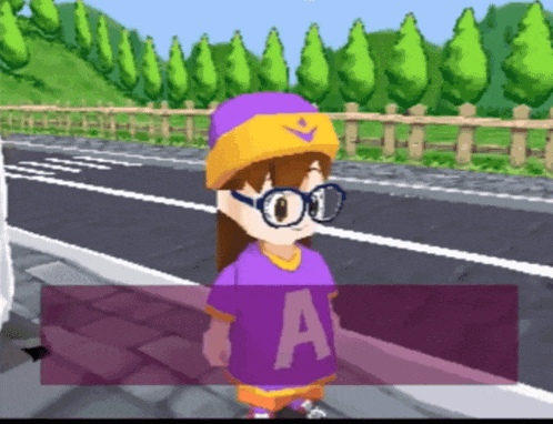 a cartoon character wearing a purple shirt with the letter a on the front
