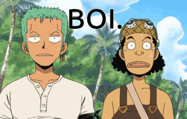 a couple of cartoon characters standing next to each other with the word boi written above them