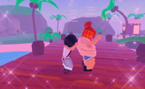 a girl with red hair is hugging another girl on a bridge in a video game