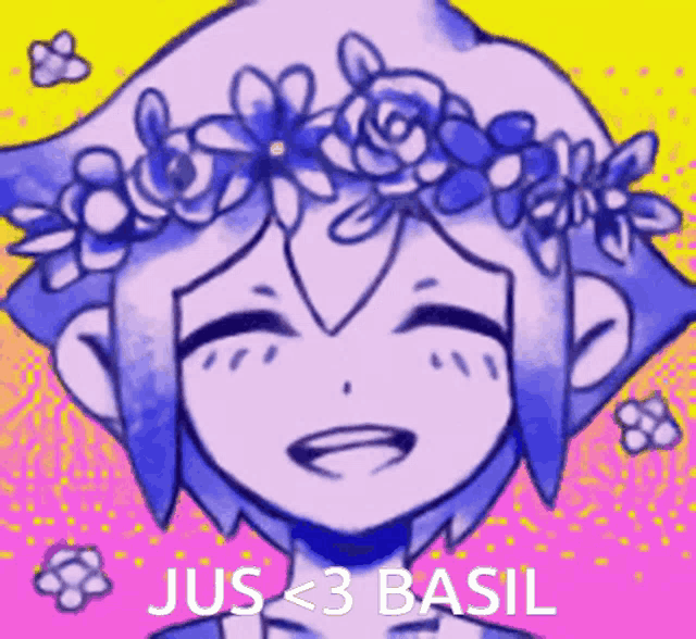 a drawing of a boy with a flower crown on his head and the words jus < 3 basil below him .