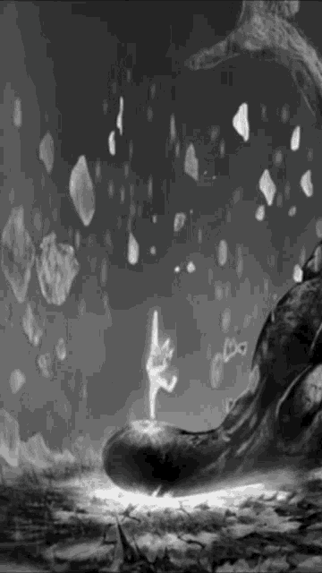 a black and white drawing of a person standing on a rock in a dark room .