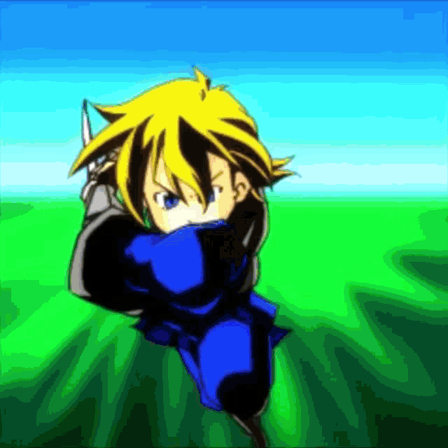 a cartoon character with yellow hair is running in a field with a sword in his hand .