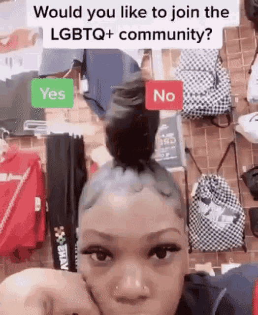 a woman is asking if she would like to join the lgbtq + community in a video .