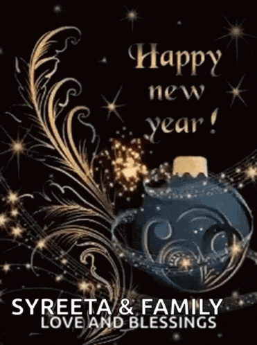 a happy new year card with a blue ornament