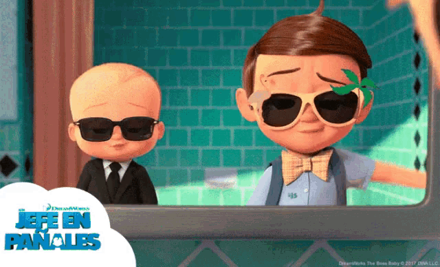 a poster for the movie jefe en panales shows two cartoon characters wearing sunglasses