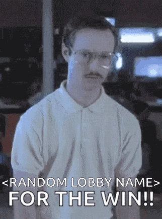 a man with glasses and a mustache is asking for a random lobby name for the win