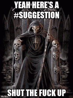 a grim reaper is sitting on a throne surrounded by skulls holding a cane and a sword