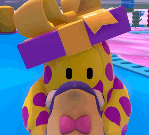 a cartoon character wearing a purple and yellow bow tie