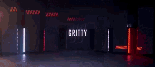 a row of red doors with the words gritty written on them .