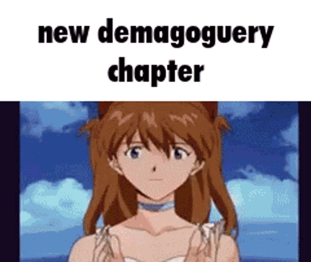 a picture of a girl with the words new demagoguery chapter written above her
