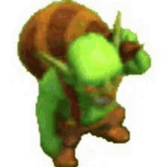 a green and brown cartoon character is carrying a large bag on his back .