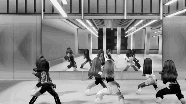 a group of cartoon characters are dancing in front of a large mirror