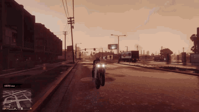 a person is riding a motorcycle down a street in a video game with a van that says ' coca cola '