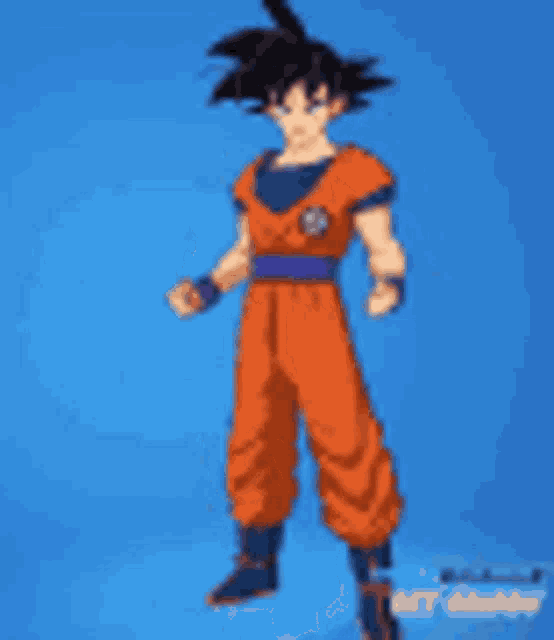 a cartoon character is standing on a blue background .