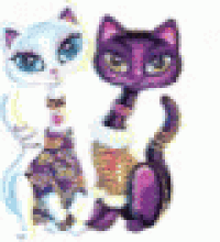 a white cat and a purple cat are standing next to each other .