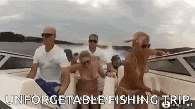 a group of people are riding on a boat with the words `` unforgettable fishing trip '' written above them .
