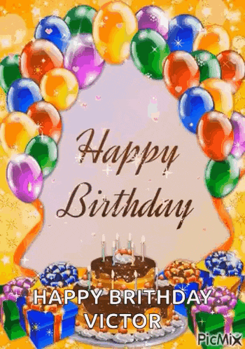 a happy birthday greeting card with balloons , a cake and gifts .