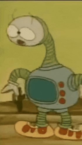 a cartoon drawing of a robot with a very long neck and legs