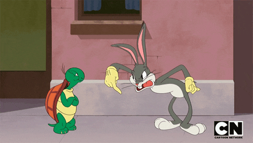 a cartoon of bugs bunny and a turtle with cn on the bottom right