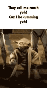 a picture of yoda with the words they call me ranch yuh cuz i be cumming yuh