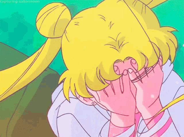 a cartoon of a girl covering her face with her hands with the caption capturing-sailormoon