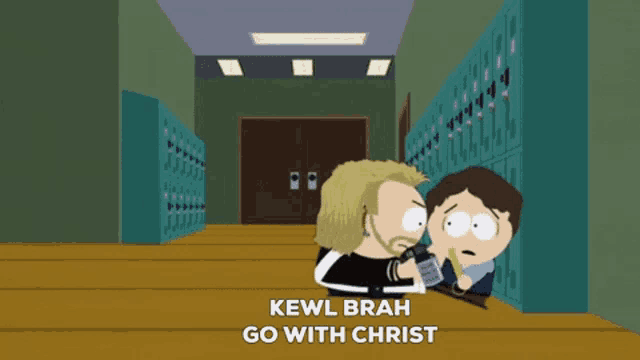 a cartoon character says kewl brah go with christ in a hallway with lockers