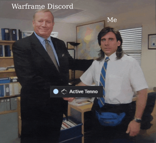 two men shaking hands in an office with a sign that says active tenno