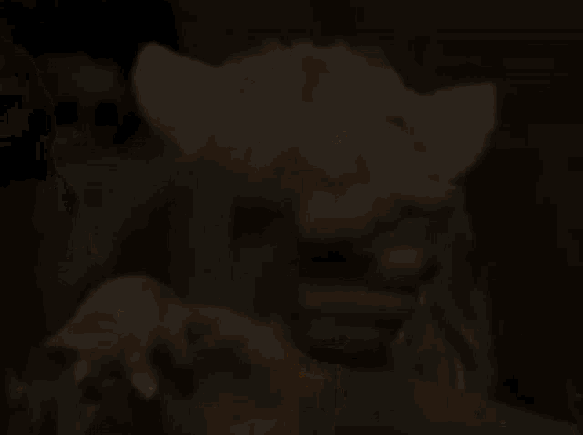 a woman wearing a cat ear headband is pointing at the camera .