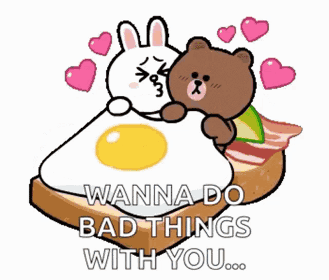 a cartoon of a bear and a bunny hugging a fried egg on toast .