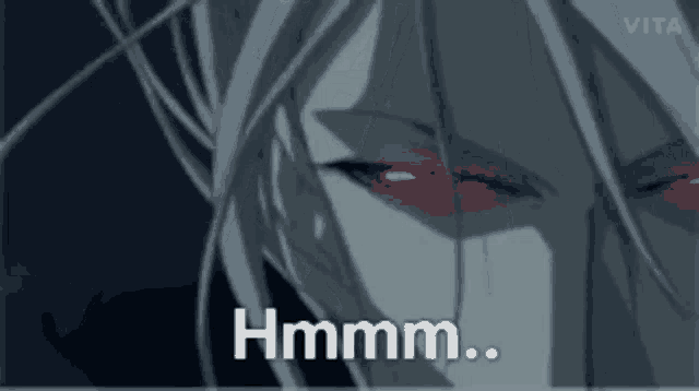 a close up of a person 's face with red eyes and the words `` hmm '' written below it .