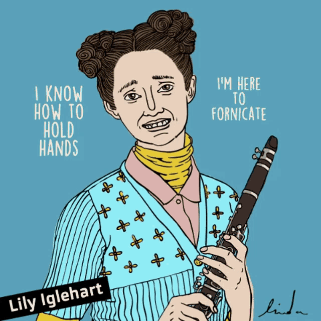 a drawing of a woman holding a clarinet with the words " i know how to hold hands " below her