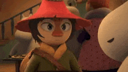 a cartoon character wearing a red hat and scarf is looking at a stuffed animal .