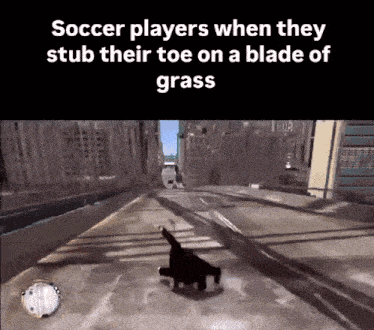 a soccer player is stuck on a blade of grass