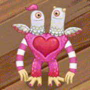 a pink and white monster with wings and a heart on his chest