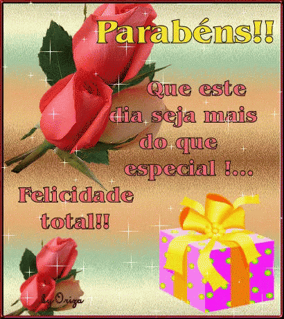 a greeting card with red roses and a gift box that says parabéns