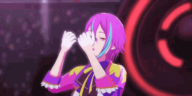 a girl with purple hair and blue streaks is standing in front of a neon sign .