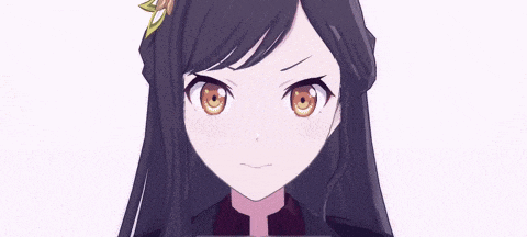 a close up of a anime girl 's face with long black hair .