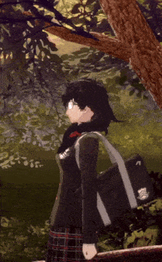 a girl in a plaid skirt stands in front of a tree with a question mark on her head