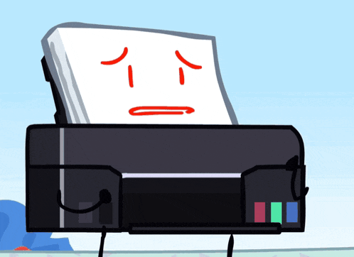 a cartoon drawing of a printer with a sad face on it