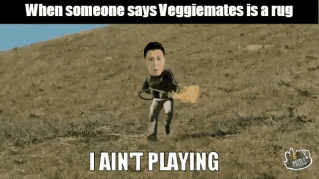 a cartoon of a man running in a field with the words i ain t playing below him
