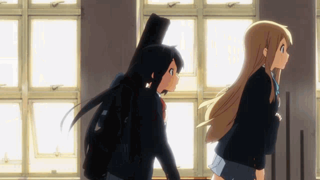 two anime girls are standing in front of a window and one has a guitar on her back