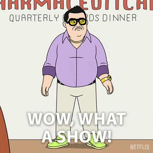 a cartoon man is standing in front of a sign that says " quarterly awards dinner "
