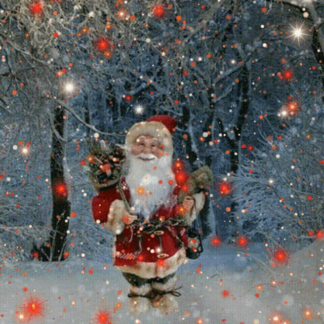 santa claus is standing in the snow holding a bag full of presents