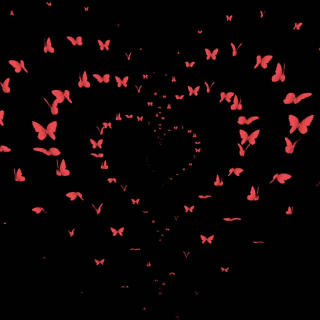 a bunch of red butterflies are flying in a circle on a black background